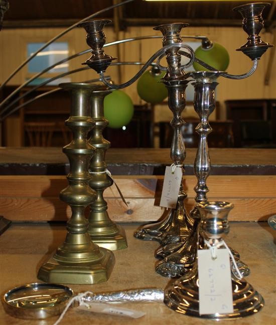 Plated candlesticks, candelabrum & brass candlesticks
